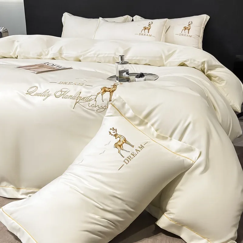 

Embroidery Bedding set Egyptian cotton 600TC quilt cover soft duvet cover Luxury flat/fitted bed sheet pillowcases