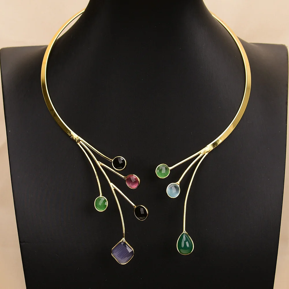 

G-G Mix Gems Natural Multi Color Crystal Green Agate Beads Pendant Gold Plated Chokers Necklace necklet