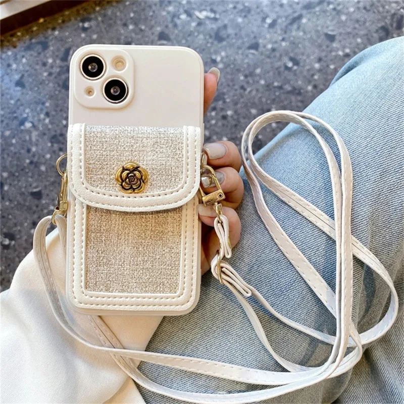 

New Luxury 3D Camellia Flower Leather Card Bag Crossbody Lanyard Soft Case For iPhone 15 14 Pro Max 12 13 11 X XS XR 7 8 Cover