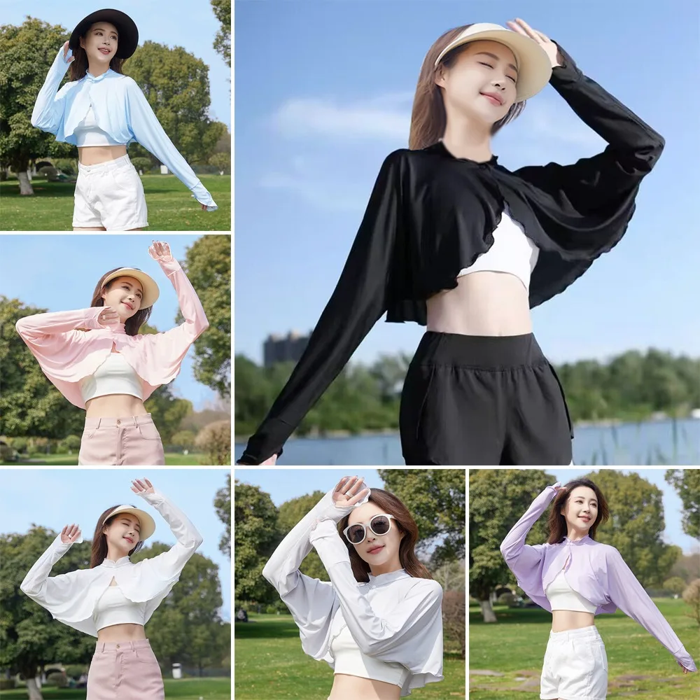 New Casual Women's Sunscreen Shawl Solid Color Breathable Sunscreen Capes Long-sleeve Ice Silk Thin Coat Summer Outdoor image 4