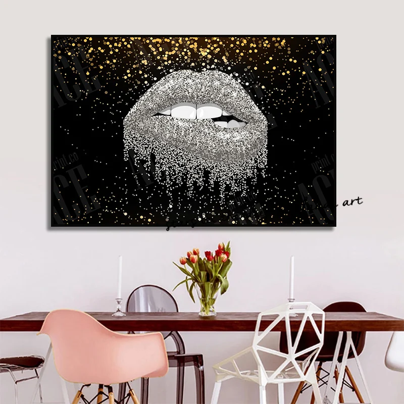 Vintage Sexy Glam Bling Style Woman Kiss Lipstick Art Poster Canvas Painting Wall Prints Picture Living Room Home Decor Cuadros