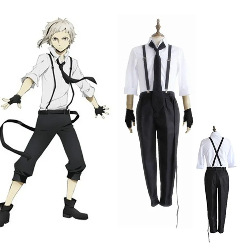 NEW  Bungo Stray Dogs Atsushi Nakajima Cosplay Costumes Shirts Pants Tie Gloves Set Anime Clothing