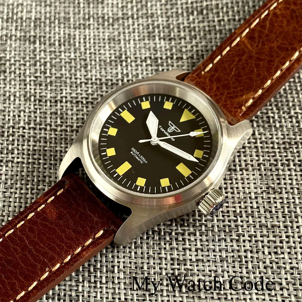 20bar Waterproof Men Lady Pilot Watch 36mm Vintage Yellow Numbers Mechanical Wristwatch NH35 Tandorio Brand Folding Clasp Lume