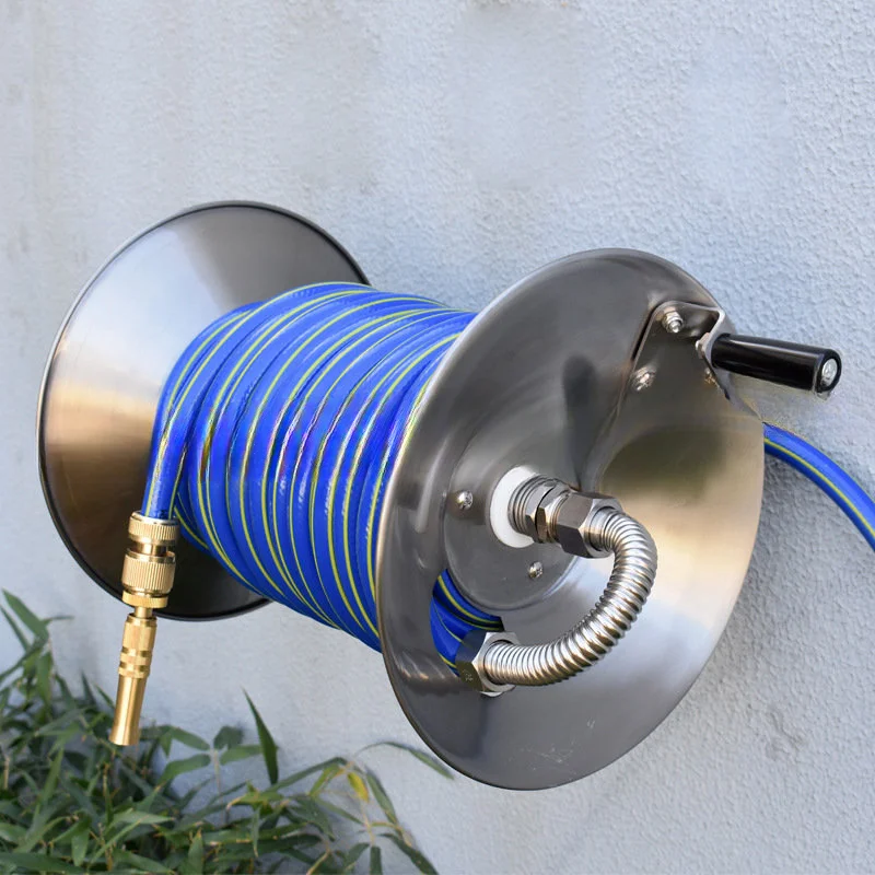 Stainless Steel Garden Hose Reel Heavy Duty Wall Mounted Metal Water Hose Reel 130 Feet 1/2 inch Hose Capacity Hose Trolley