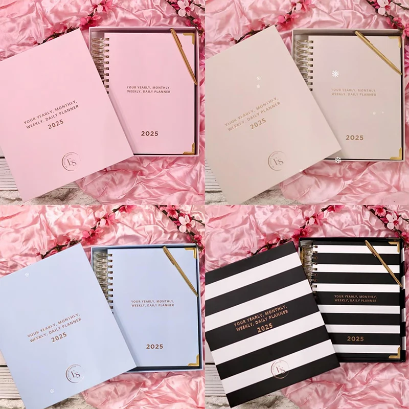 مخطط سنوي 2025 لمدة 12 شهرًا، مخطط يومي أسبوعي وشهري، مخطط مفكرة ميزانية حلزونية للوازم المكتبية المدرسية