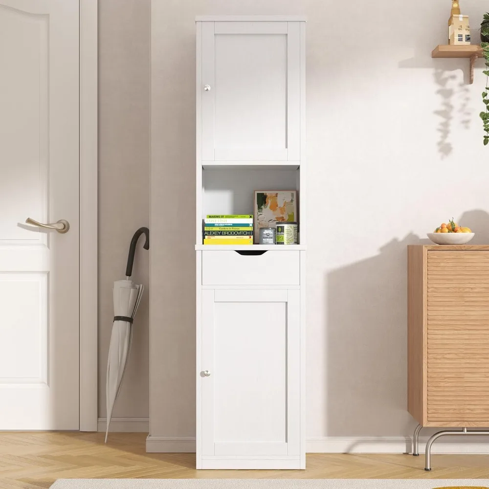 Tall Bathroom Storage Cabinet, 64”H Narrow Storage Cabinet for Small Spaces, Freestanding Modern Bathroom Cabinet with Adjustab