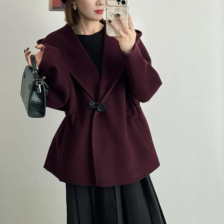 European Station Hooded 10 Cashmere Coat Women's Medium Long 2024 Autumn/Winter Waist Drawstring Double sided Woolen Coat