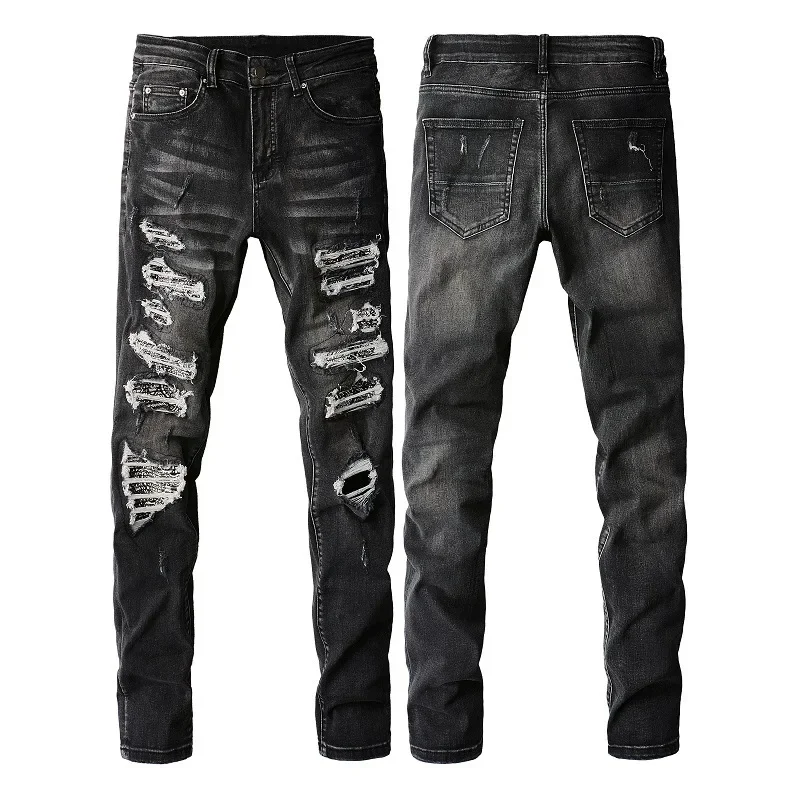 

Men New Pencil Jeans Holes Ripped Jeans Ankle Length Pants Denim Washed Skinny Casual Pockets Distressed Spliced Zipper Fly New