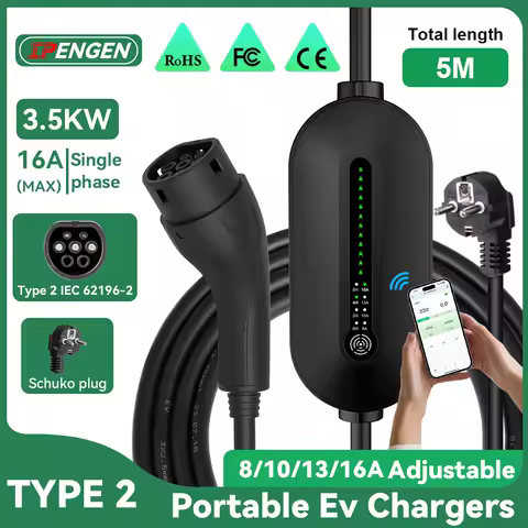 IPENGEN Type2 휴대용 EV 충전기 3.5KW 16A 전기 자동차 충전기 EVSE 충전 케이블 Wallbox WiFi APP 제어 5M 케이블