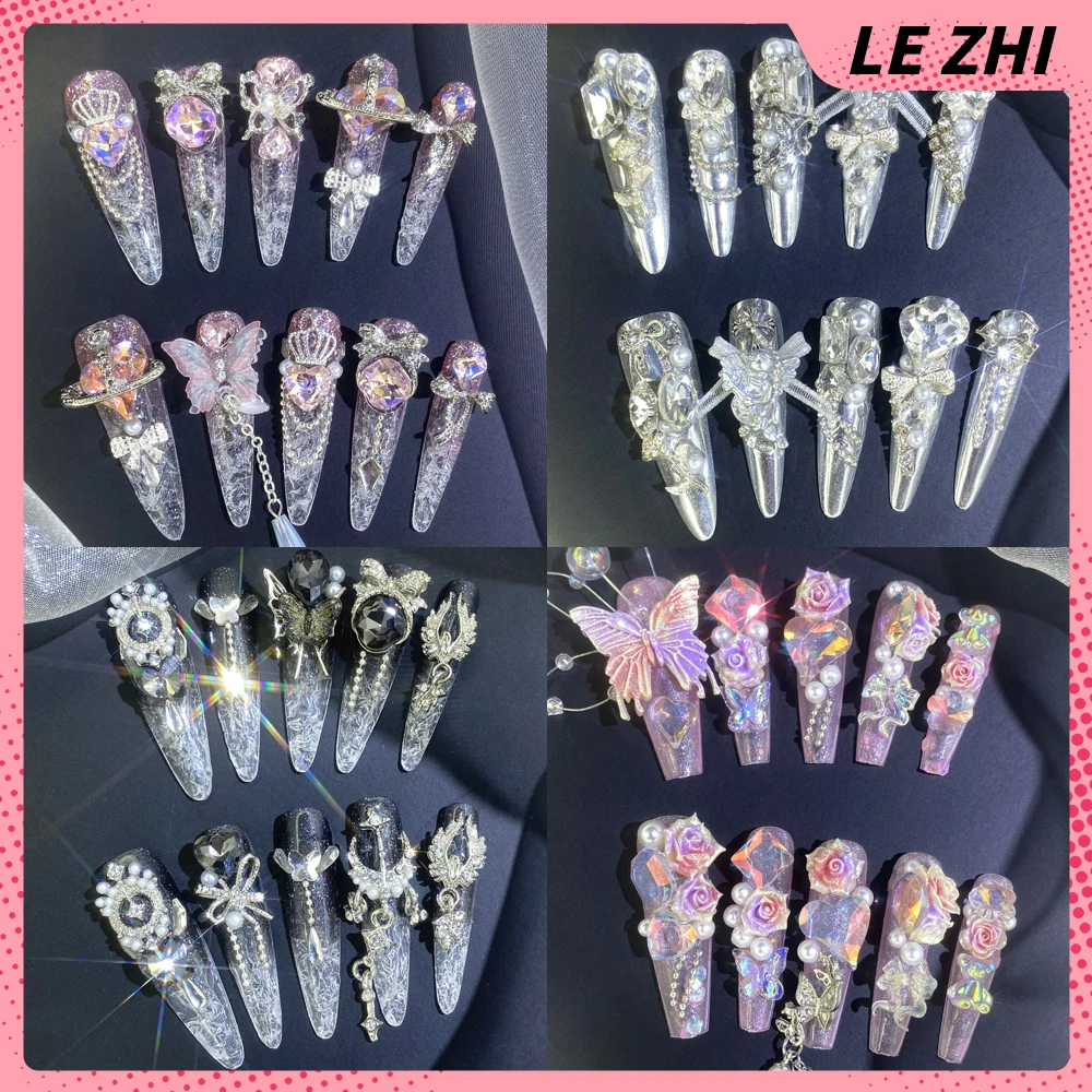 

10Pcs Luxury Handmade Press On Nail Long Stiletto Coffin Spice Girl Sparkling Diamond Rhinestone Butterfly Rose Full Cover Nails