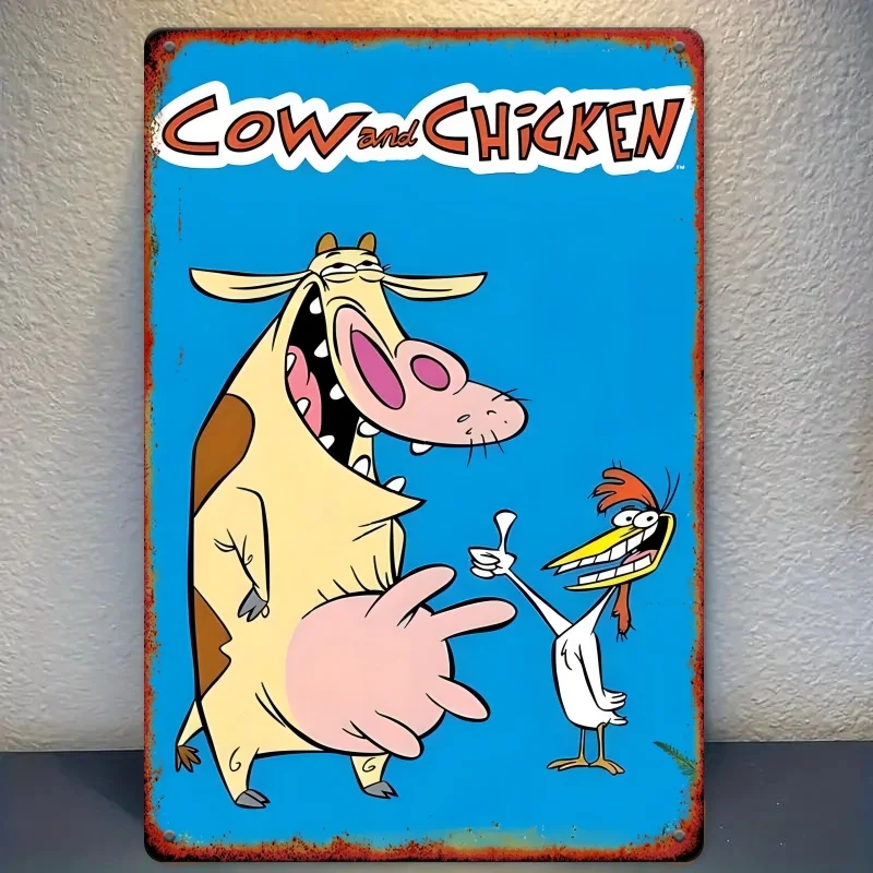 Vintage Metallschild mit „Kuh und Huhn“-Cartoon-Motiv – rustikale Eisen-Wandkunst, perfekt für Zuhause, Bar, Garage, Club, Restaurant und Café