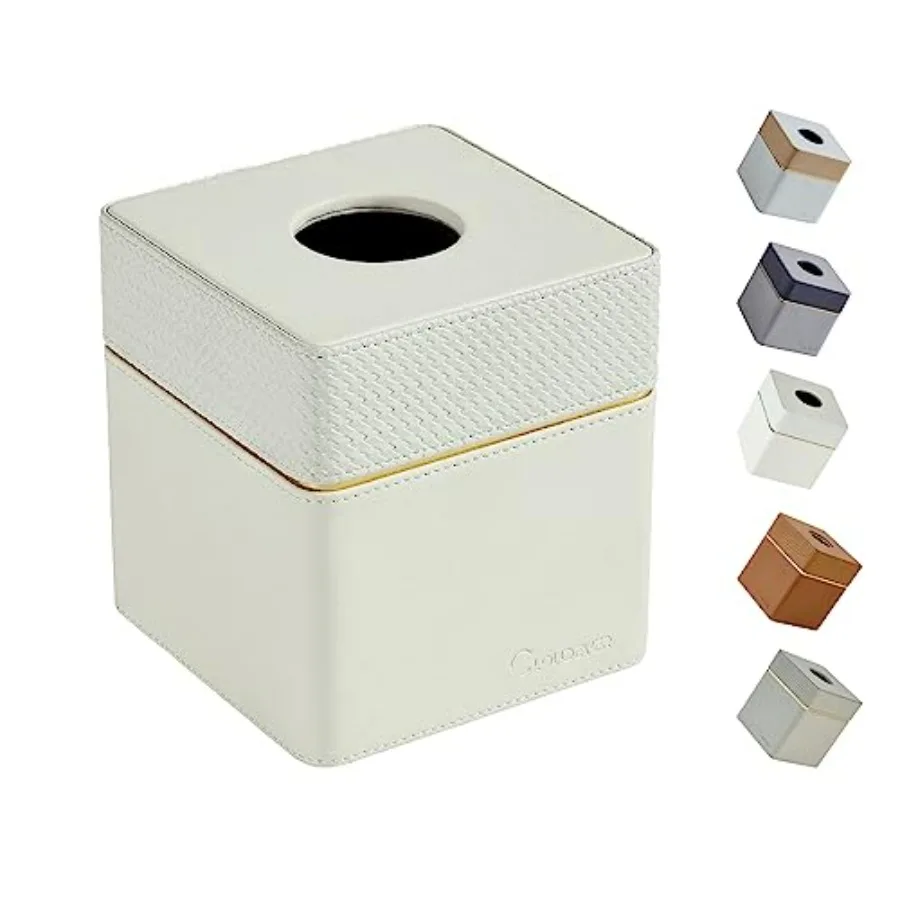 

Tissue Box Holder Cover Square, Modern PU Leather Decorative Tissue Cube Holder Organizer-Woven White