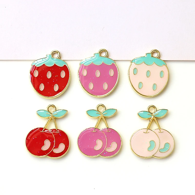 1pcs Cute Pink Strawberry Cherry Alloy Bottom Pendant Diy Handmade Jewelry Earrings Keychain Accessories Material Charms