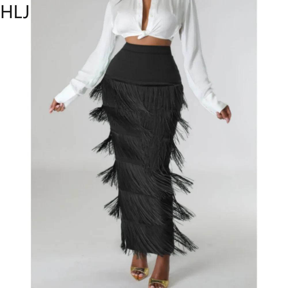 

HLJ Fashion Tassels Patchwork Mid Skirts Women High Waisted Pencil Skirts Female Solid Color Party Club Clothing Casual Bottoms