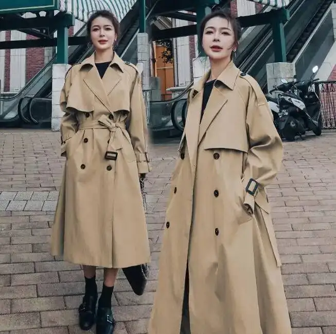 

Осенняя одежда: Длинный ветрозащитный плащ-тренч с отложным воротником и двойной застежкой на пуговицы для женщин, верхняя одежда, пальто