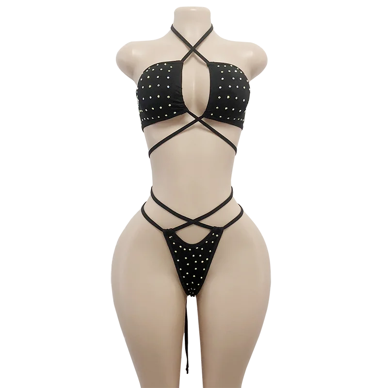 

Exotic Women's Performance Wear Spandex Two-Piece Pole Tube Top Leotard Set Rhinestones Sexy Lingerie for Ballroom Dance