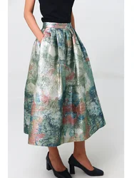 Jacquard Woven Gold Oil Painting Style Skirt Puffy Vintage Elegant Blossom Embroidery High Waist Long Skirt Woman Clothing