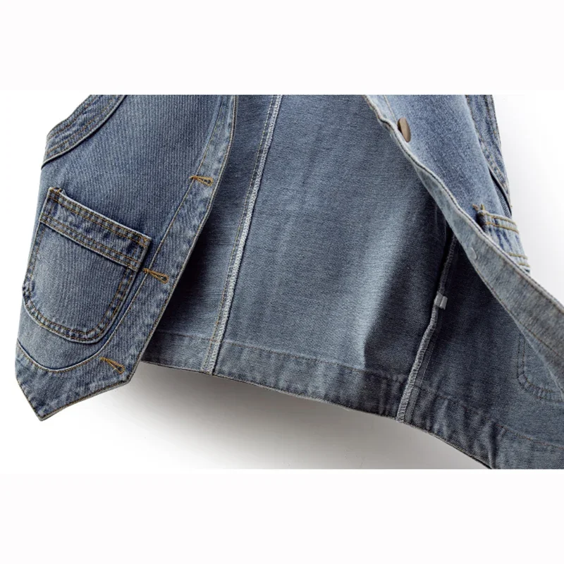 Wiosna Lato Kobiety Vintage Washed Blue Duża kieszeń Cienka krótka kamizelka dżinsowa Okrągły dekolt Jednorzędowa kowbojska kamizelka bez rękawów