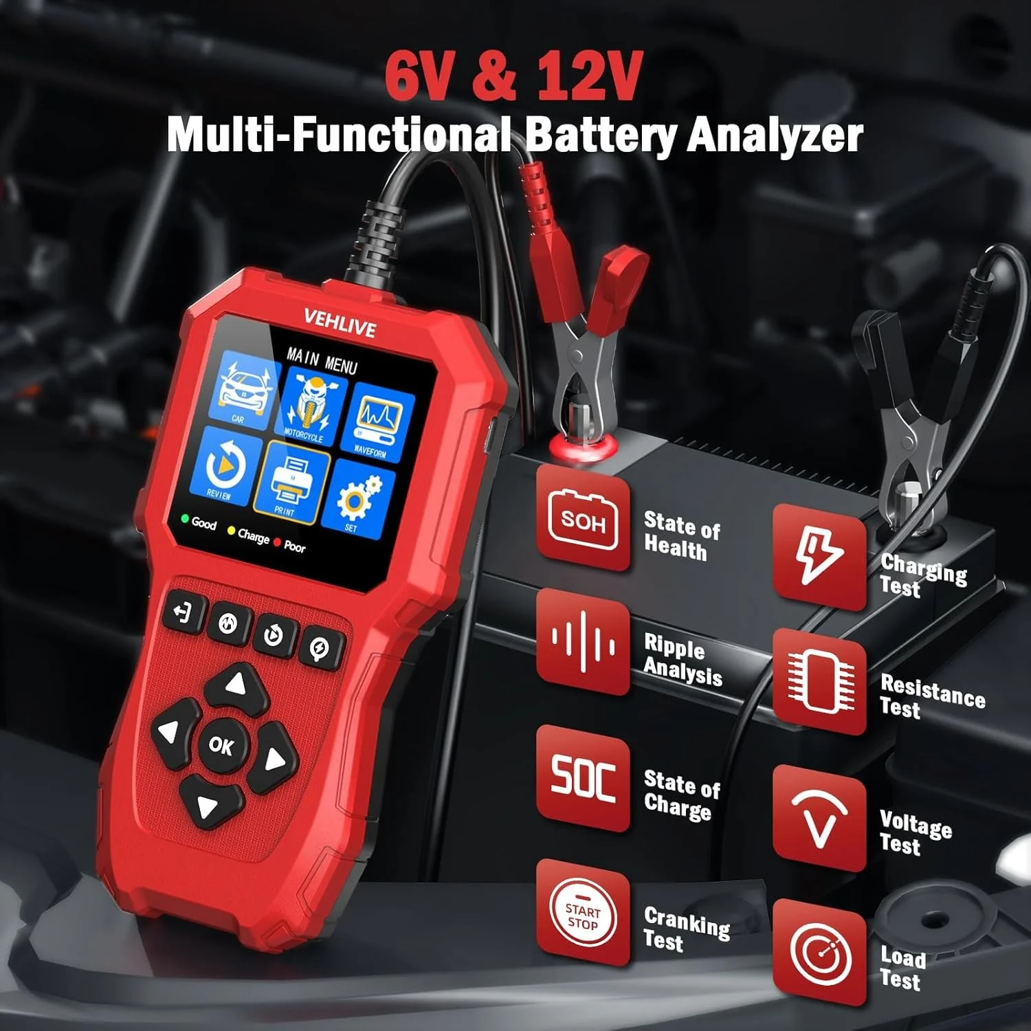 

6V 12V Car Battery Tester Analyzer Automotive AMG GEL EFB Battery Load Tester 5-3000CCA Charging Circuit load Diagnostic Tools
