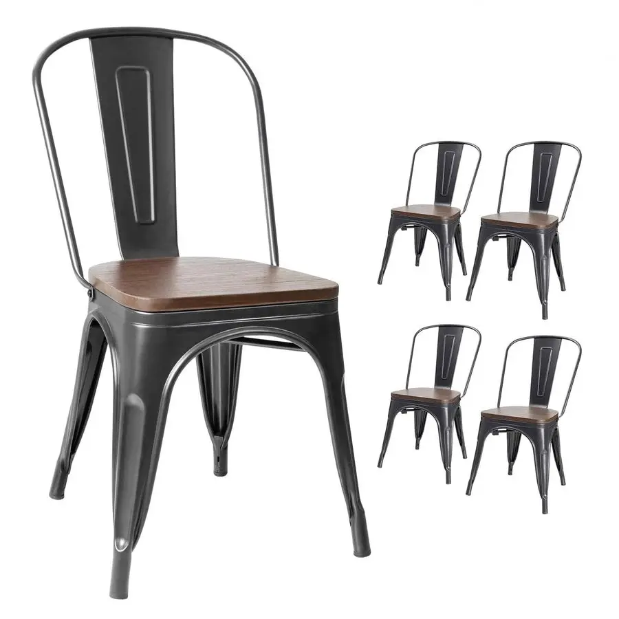 

Metal Dining Chairs with Wood Seat, Indoor Outdoor Use Stackable Tolix Industrial Metal Chairs Set of 4 for Kitchen, Dining Room