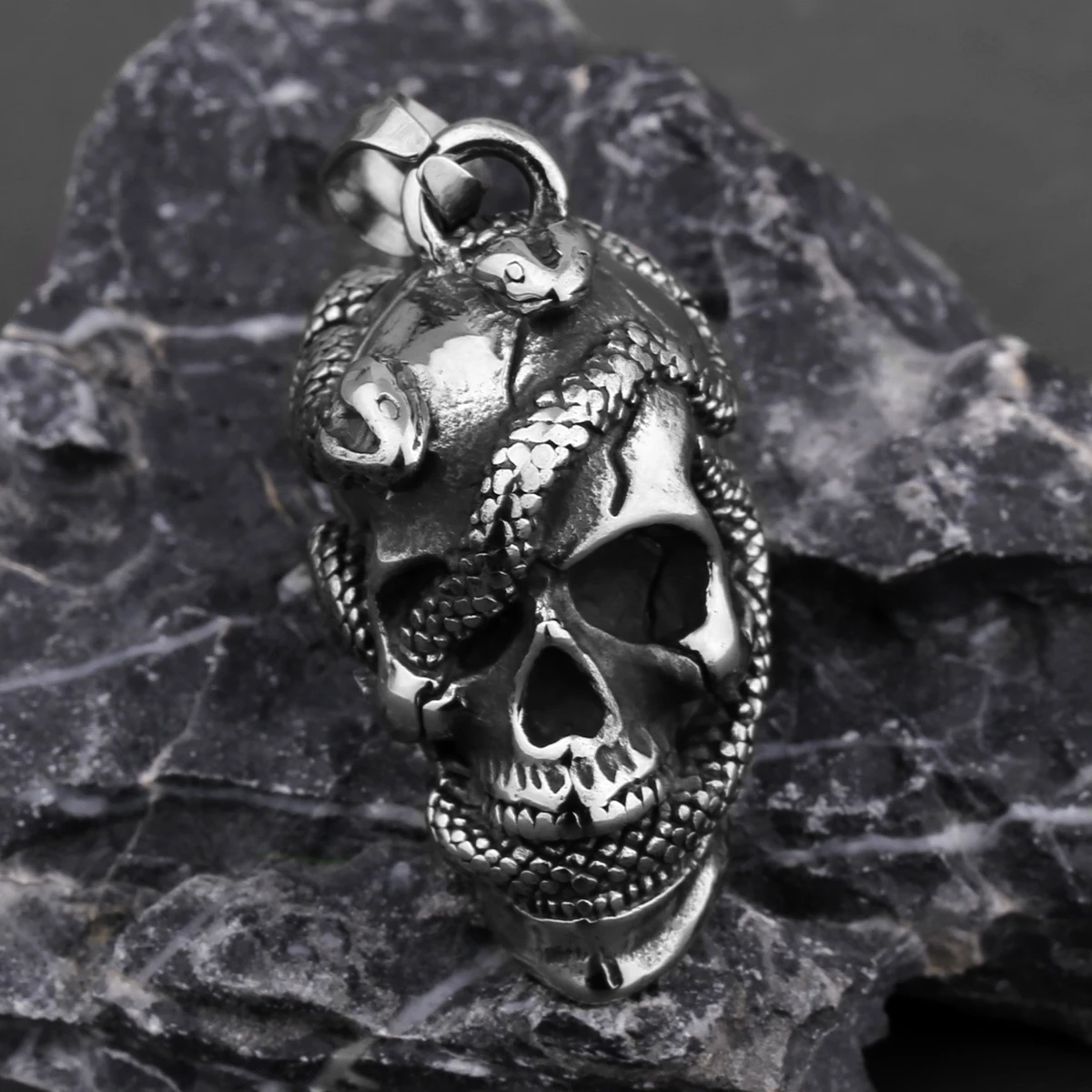 Gothic Stainless Steel Snake Winding Skull Pendant Necklace Men's Black Gun Plated Personality Necklace Jewelry Party Club Gift view 5
