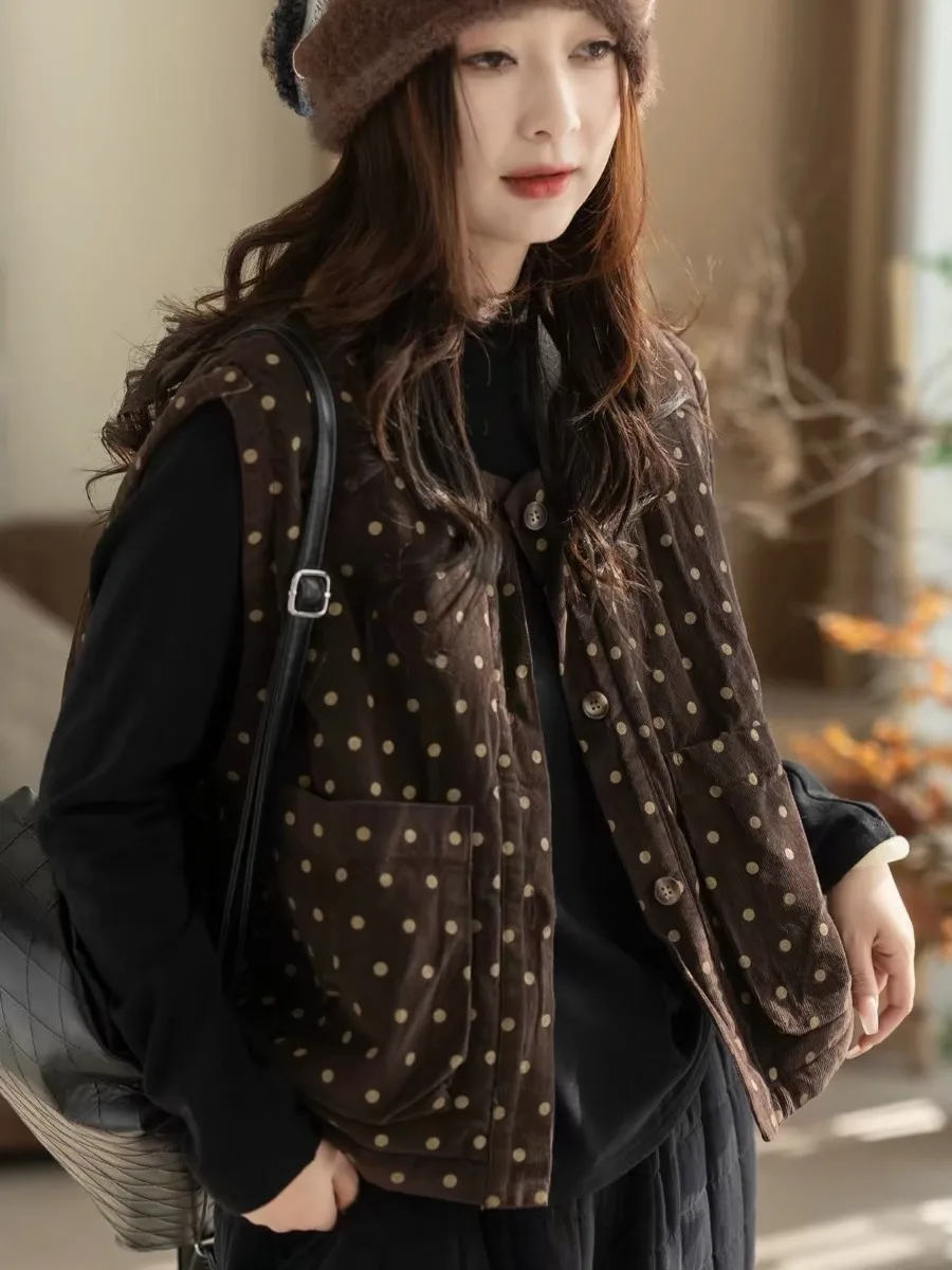 Autumn Winter Women's Sleeveless Pure Color Corduroy Vest Jacket Thickened Cotton Lined Retro Style round Neck Casual Top 2