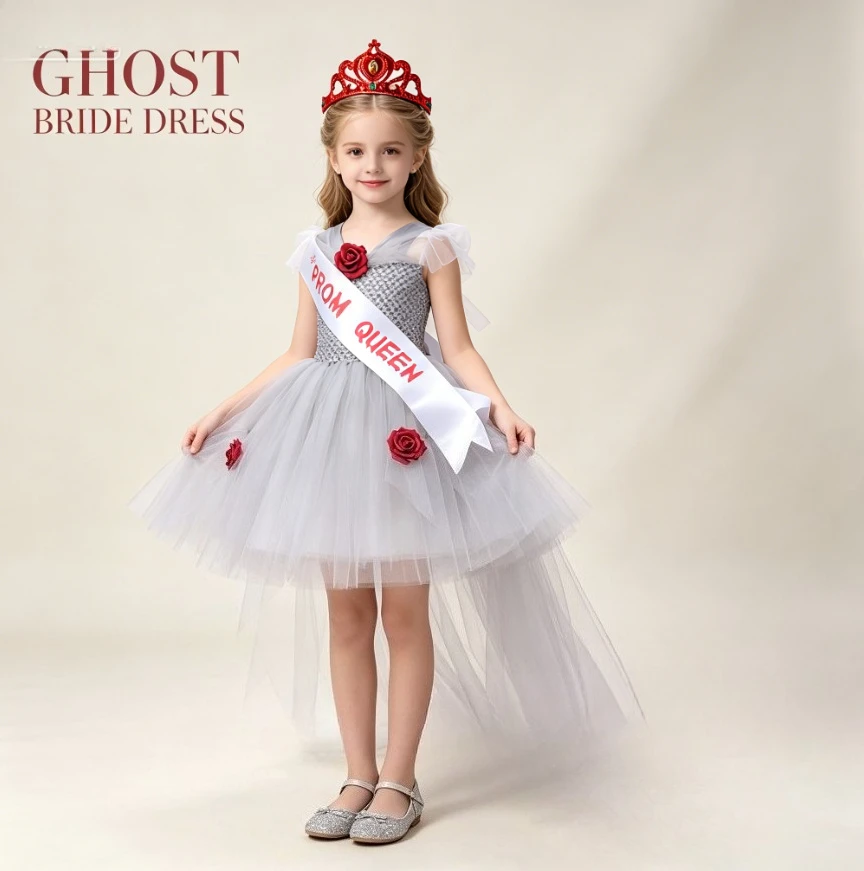 Children Zombie Ghost Bride Long Tail Tutu Dress Kids Halloween Scary Style Theme Party With Accessories Outfit For Stage Show