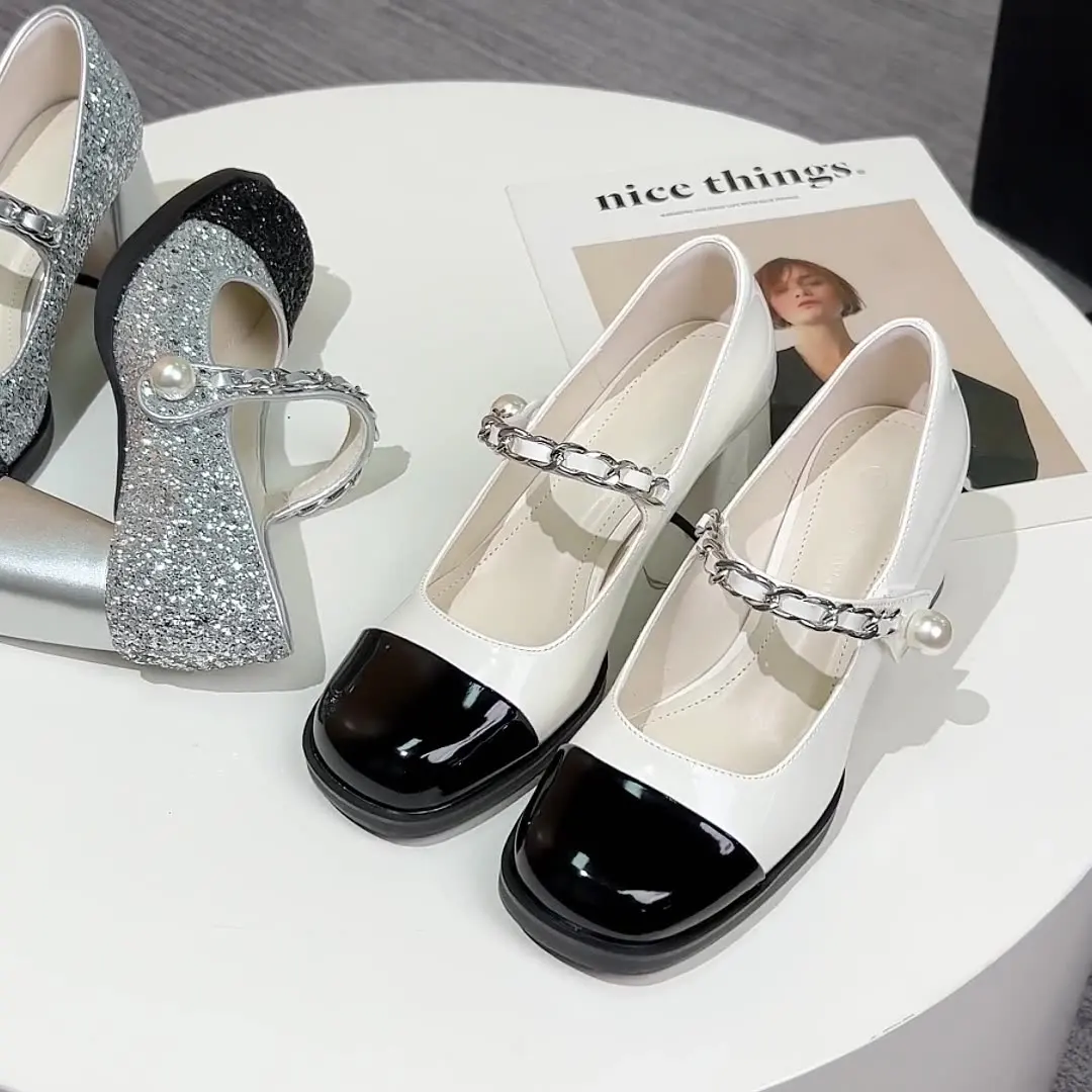 靴-スクエアトゥ-パール装飾-カジュアル-女性スニーカー-パテントレザー-バレエシューズ-レディースシューズ-女性用ヒール-混合色