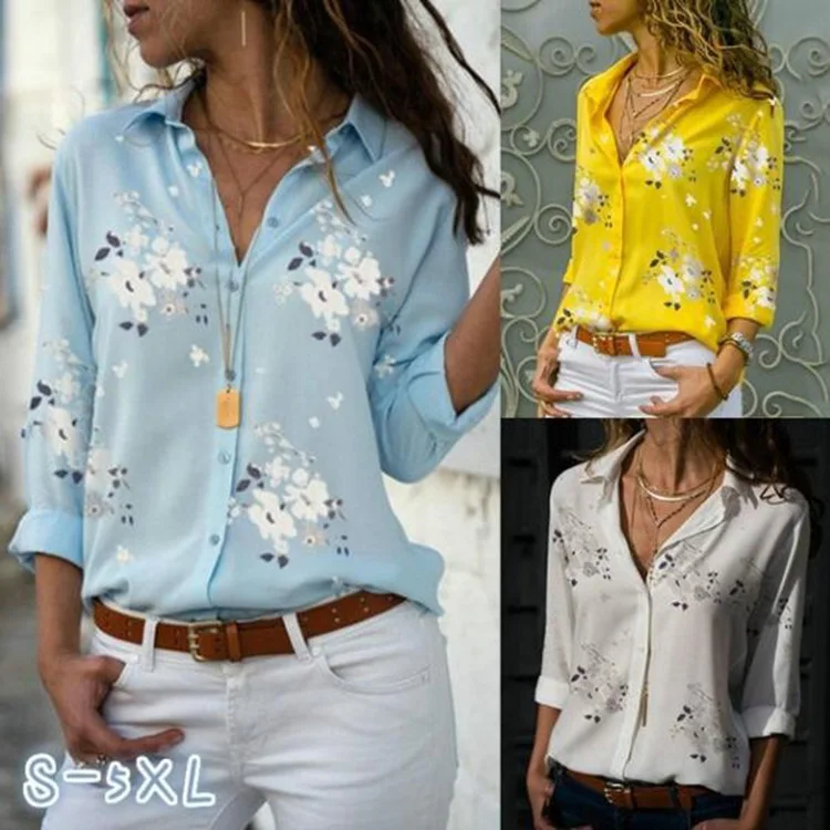 Women Yellow Floral Print Button Shirt Casual Long Sleeve Lapel Collar Leopard Print Beach Holiday Blue White Blouse Fall Tops