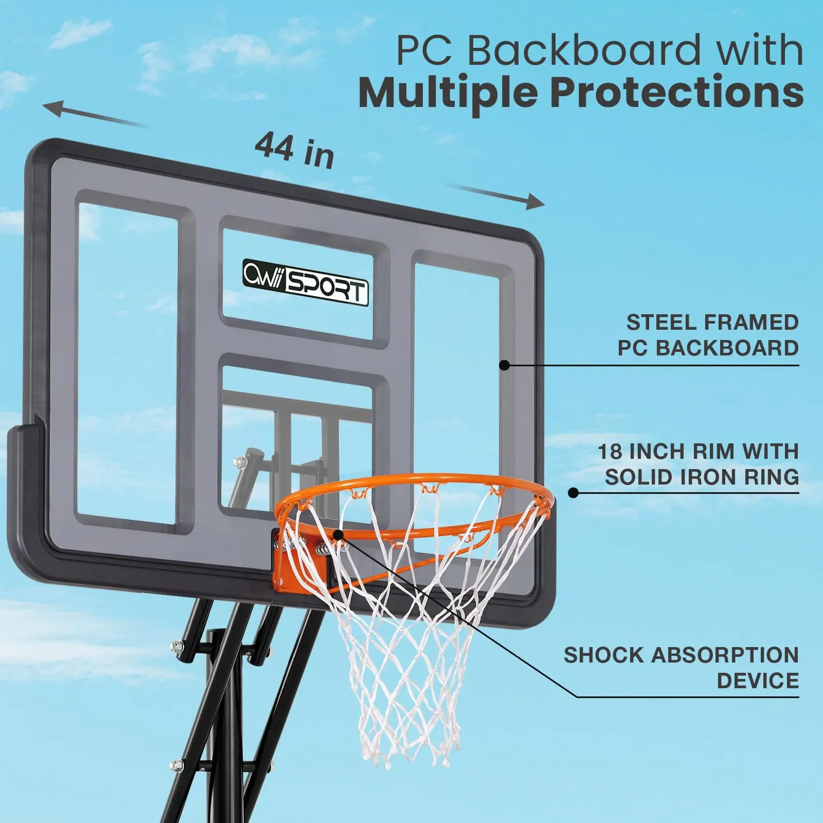 Basketball Hoop 40/44/48 Inch Impact Backboard 5.3-10FT Height Adjustable