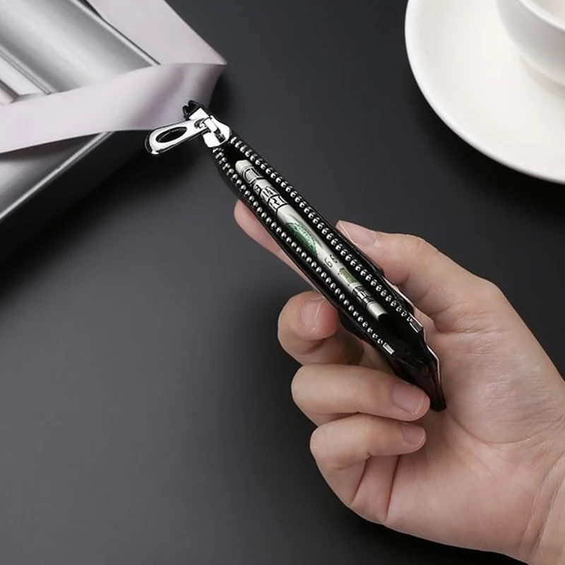 Fashion Men's Credit Card Holder Wallets Slim PU Leather Cardholder Purses with Zip Coin Pocket for Men Black Cards Bag