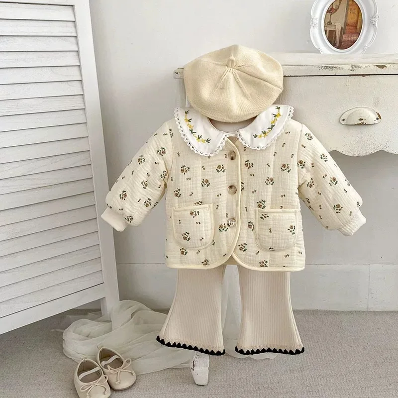 2025 Winter New Baby Long Sleeve Warm Coat Plus Velvet Thick Infant Girls Floral Padded Jacket Toddler Dot Print Warm Cardigan