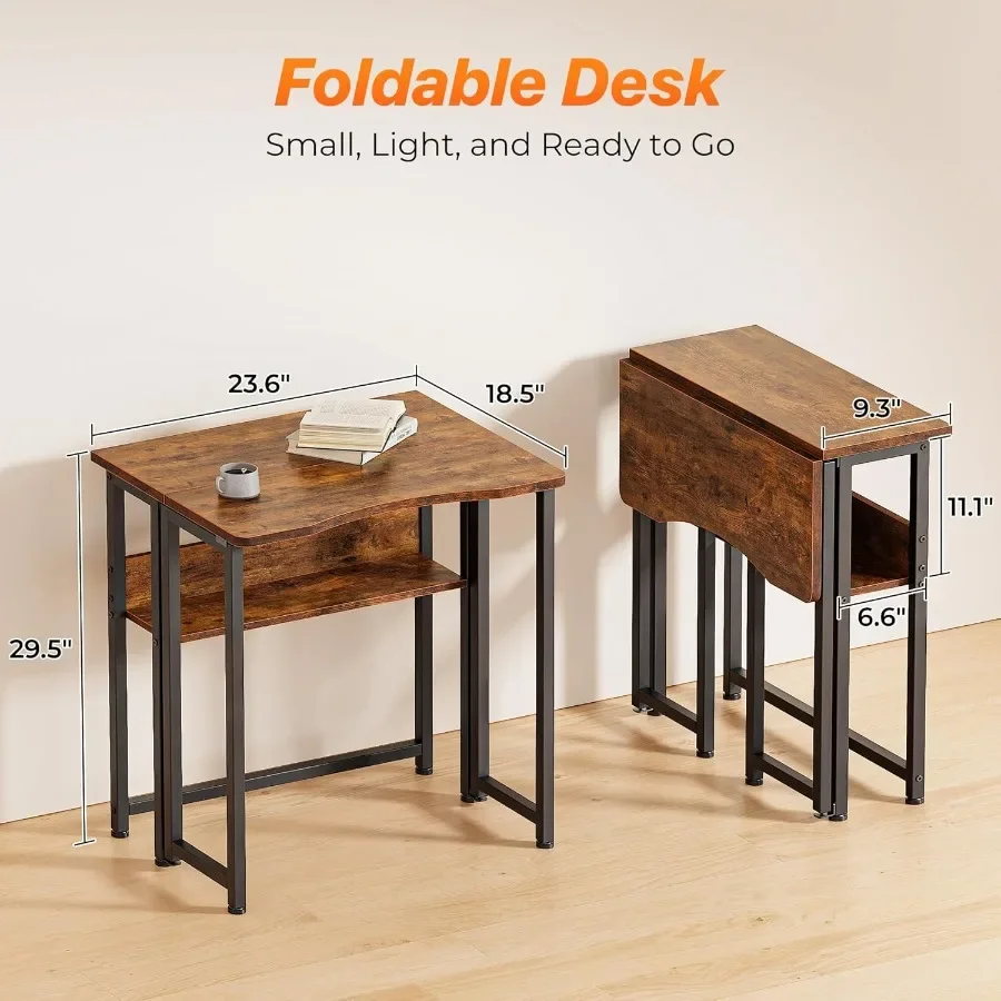 Bureau pliant avec étagère de rangement, Table d'ordinateur pliable de 23.6 pouces pour petits espaces, Table de canapé peu encombrante pour canapé d'écriture Wo