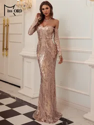 Missord New Golden Off Shoulder Long Sleeved Sequin Mermaid Evening Gown Wedding Birthday Party Floor Length Graduation Dresses