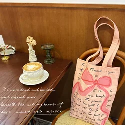 Youda New Canvas Fabric Shoulder Bag For Women Simple Bow Cartoon Pattern Letter Handbag Large Casual Capacity Shopper Tote Bags