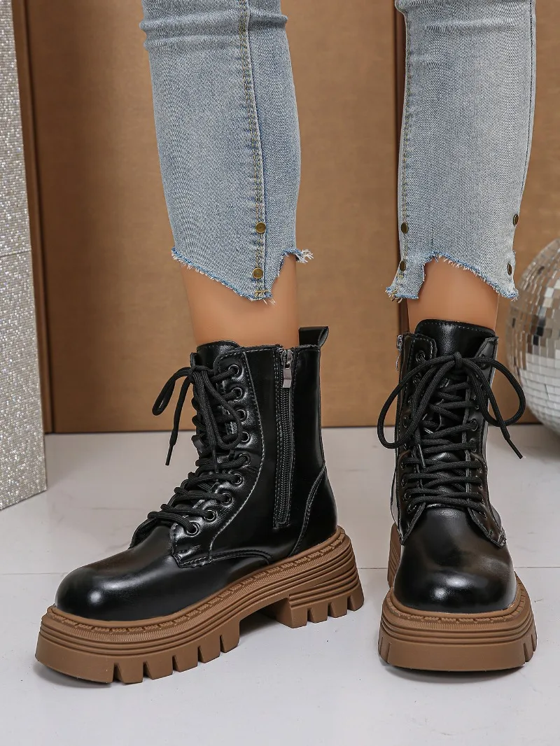 أحذية الموضة النسائية جولة اصبع القدم منصة وحيد كعب مربع الدانتيل متابعة الجانب سستة أحذية قصيرة ريترو الشارع الشرير نمط حذاء من الجلد #5