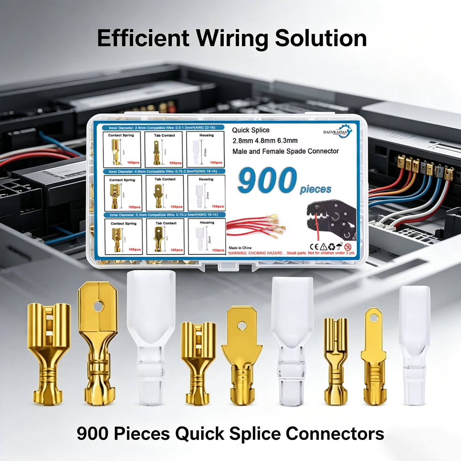 900pcs 2.8/4.8/6.3mm Quick Splice Spade Connector Kit – Male & Female Wire Crimp Terminals, Golden with Insulating Sleeve