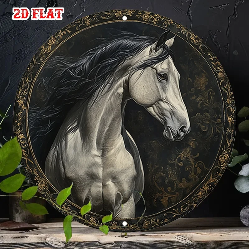 2D Flat High-Definition Metal Wall Art Elegant Vintage Equestrian Art Circular Metal Sign Featuring a Portrait of a Majestic White Horse