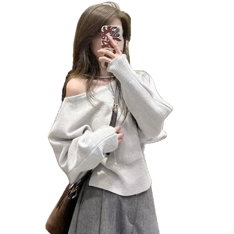 Koreaanse Chic oulder Bared ort Truien vrouwen Losse Luie Overhead Trui Schuine Kraag Herfst Nieuwe Sle Casual Faion