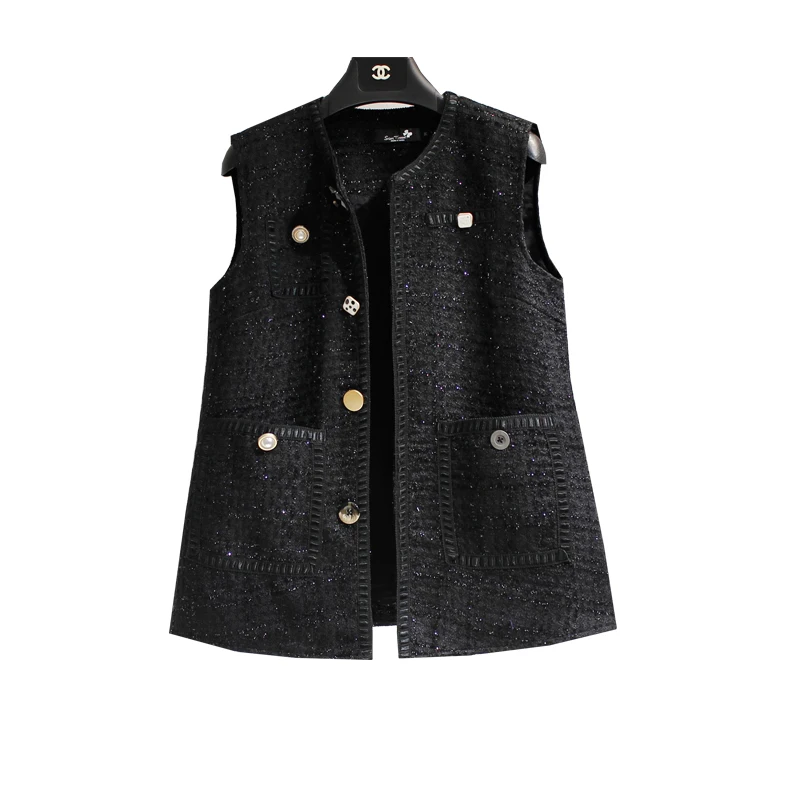 Autumn Winter 2024 V Neck Tweed Vest Women Vintage Elegant Loose Casual Sleeveless Jacket Tops French Style Chic Waistcoat