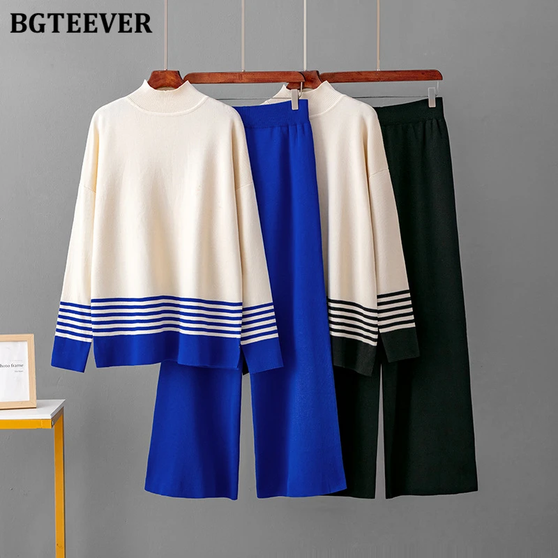 BGTEEVER Casual Warm Loose Ladies Patchwork Knitted Outfits Long Sleeve Pullovers Sweaters & Wide Leg Pants Women 2 Piecs Set