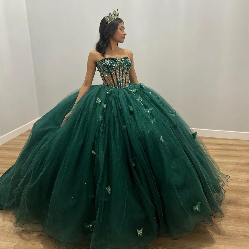 Smaragdgroene Quinceanera Jurk Sweet 16 Met Grote Strik Kralen Kristallen Tule Baljurk Corset Vestido De 15 Anos Voor Feest Formeel