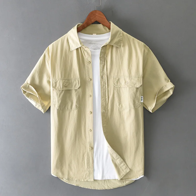 

T212 Summer Classic Fashionable Man Cargo Shirt Simple All-Match Solid Color Casual Loose Lapel Short Sleeve Male Clothing Tops