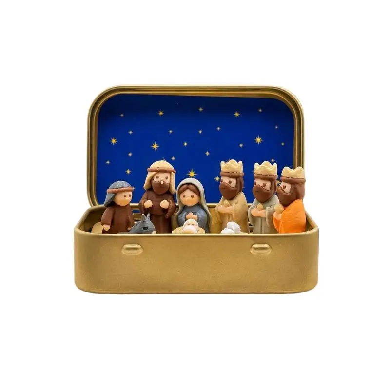 Mini Christmas Nativity Set In Tin Box Cute 3D Printed Figures Manger Set Iron Box For Christmas Home Decoration Holiday Gifts