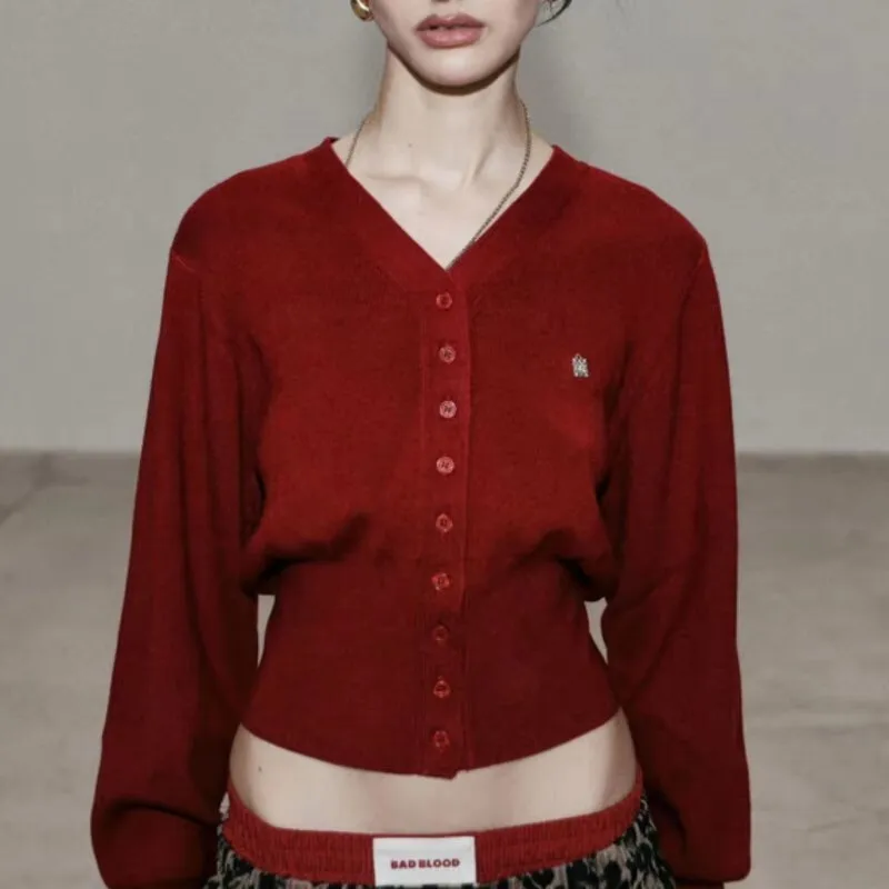 Cárdigan de punto rojo con cuello en V para mujer, camisa de manga larga versátil y acogedora, adelgazante, temperamento de primavera, suéter de un solo pecho