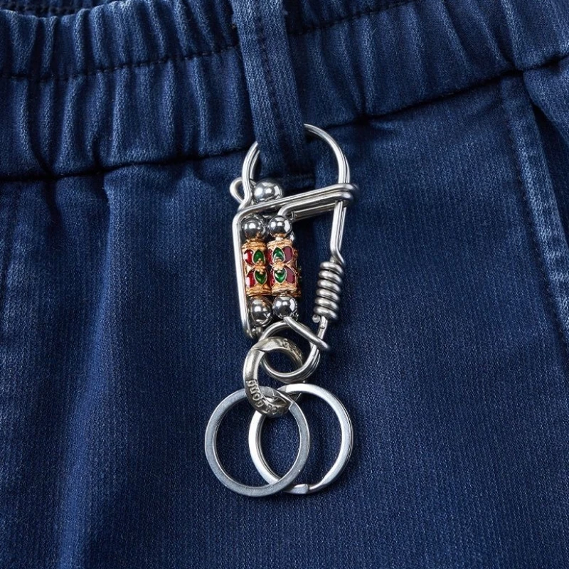 Stainless Steel Keyring , Handmade Mechanical  Style , 2 Layers Steel Wire Blue Car Men Keychains ,Outdoor Hook Buckle Trinket