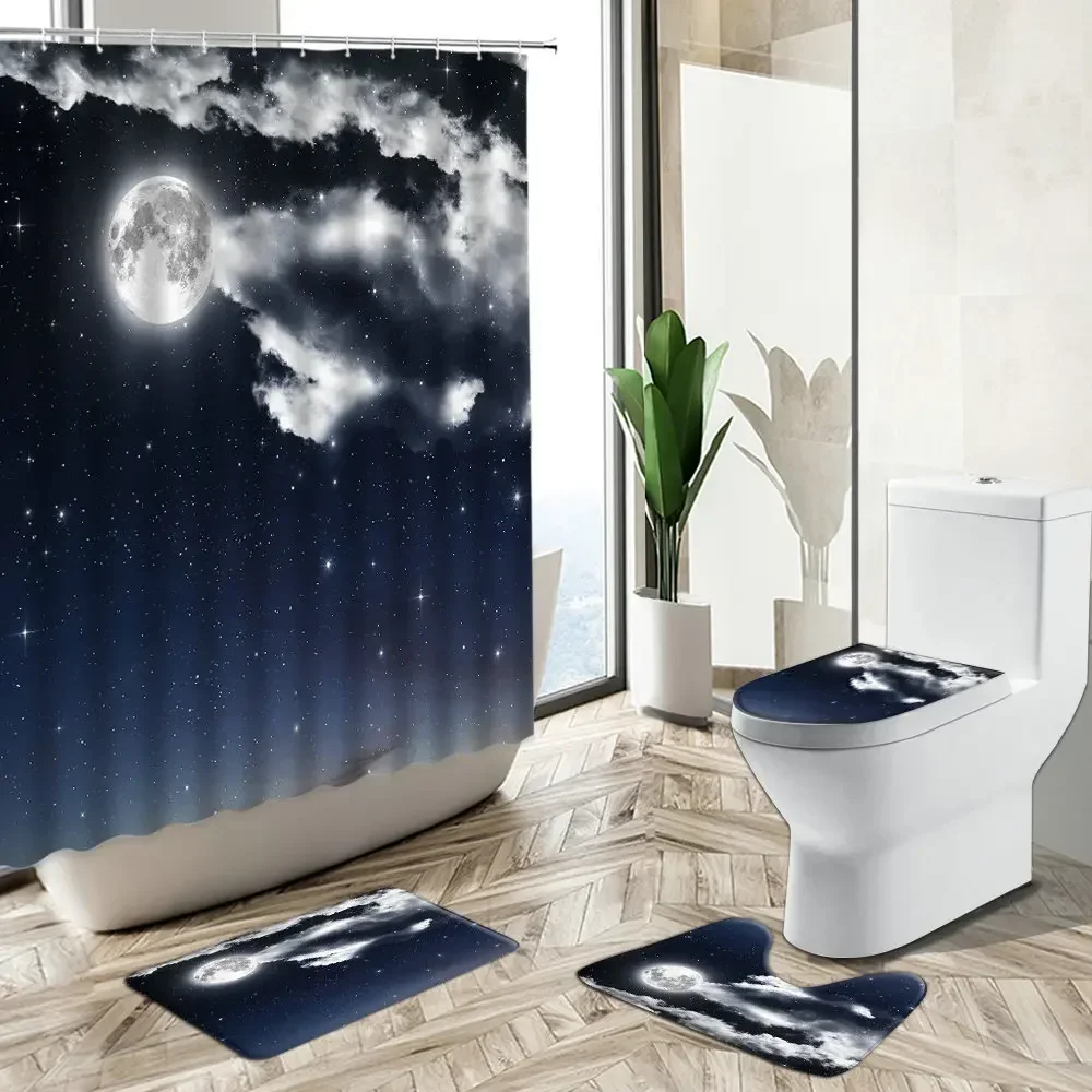 Moon Night View Shower Curtains Natural Scenery Bathroom Sets Non-Slip Carpet Toilet Cover Bath Floor Mat Washable Home Decor