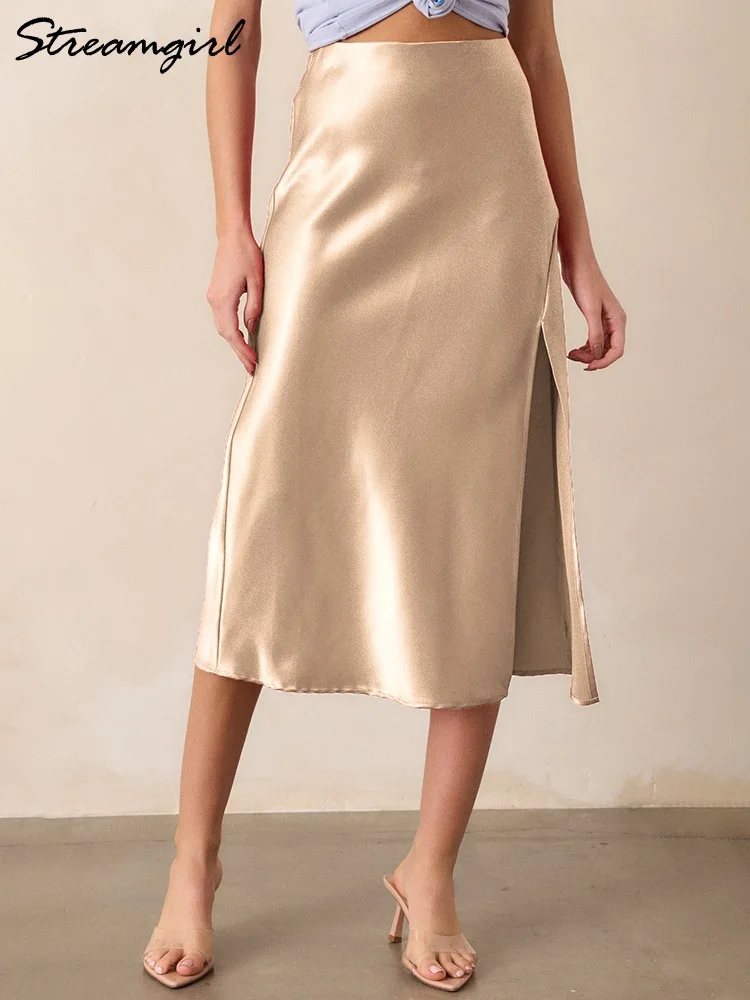 Satin Midi Skirts For Women Summer 2025 Elastic Waist Bodycon Office Lady Slit A Line Silk Skirt Beige Women Satin Maxi Skirt
