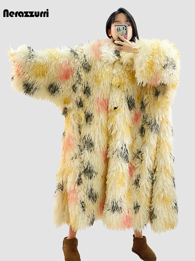 Nerazzurri Winter Long Oversized Colorful Multicolored Shaggy Hairy Warm Faux Fur Coat Women Loose Casual Fluffy Overcoat 2023