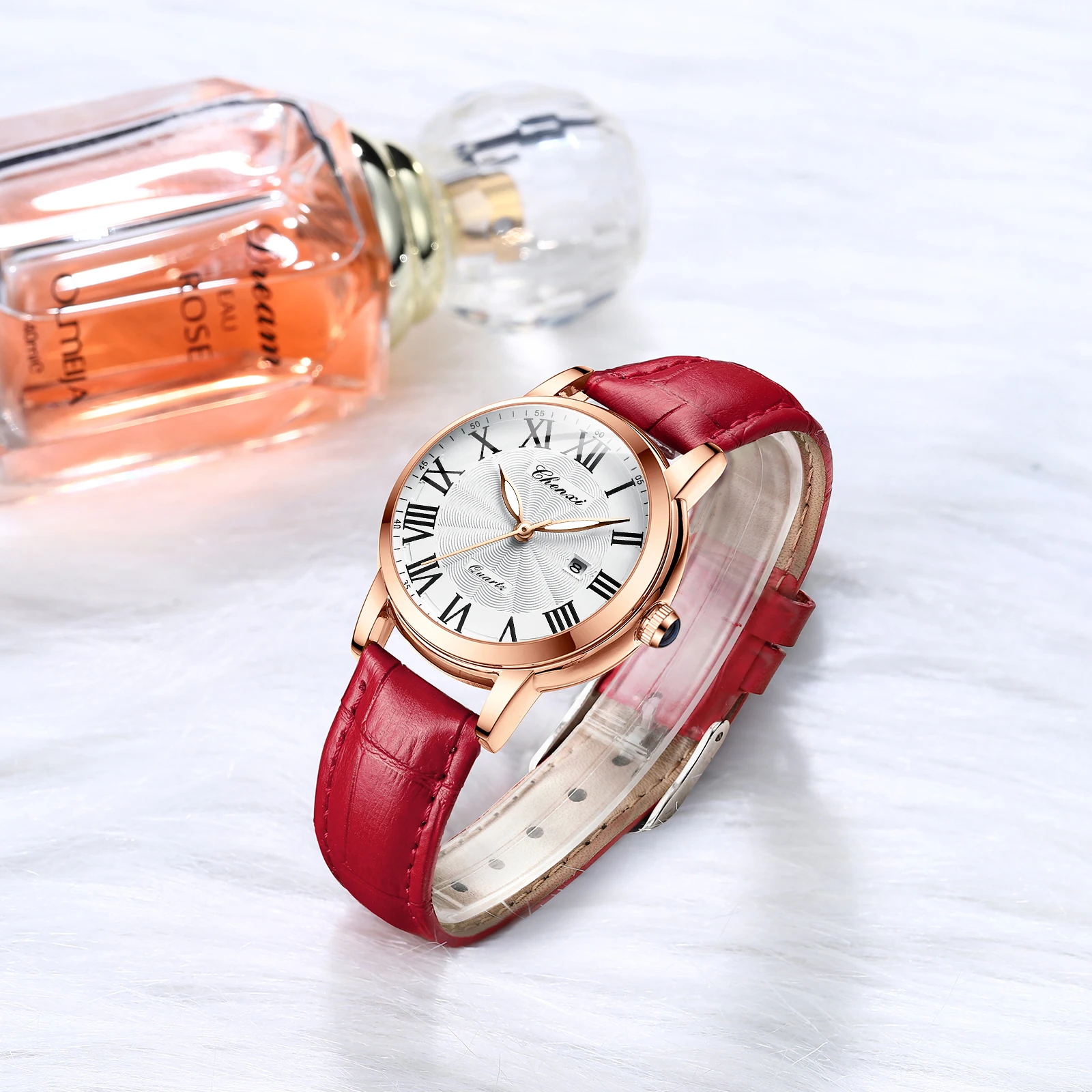 CHENXI 301L Reloj de cuarzo para mujer Moda Simple Rojo Amarillo Verde Negro Marrón Correa de cuero Reloj con fecha Regalo de cumpleaños para mujer